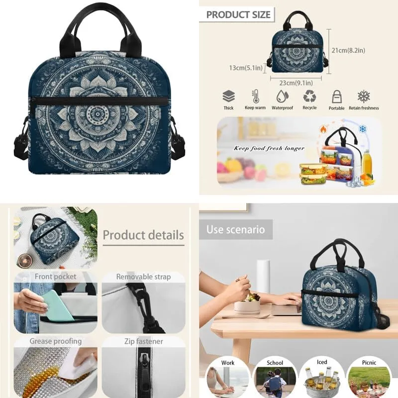 17" Boys Girls Boho Lotus Flower School Daypacks, Bohemia Mandala Flowers Spacious Lunch Box, Modern Arts Double Zipper Pencil Case Boys Girls Gifts