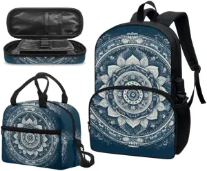 17" Boys Girls Boho Lotus Flower School Daypacks, Bohemia Mandala Flowers Spacious Lunch Box, Modern Arts Double Zipper Pencil Case Boys Girls Gifts