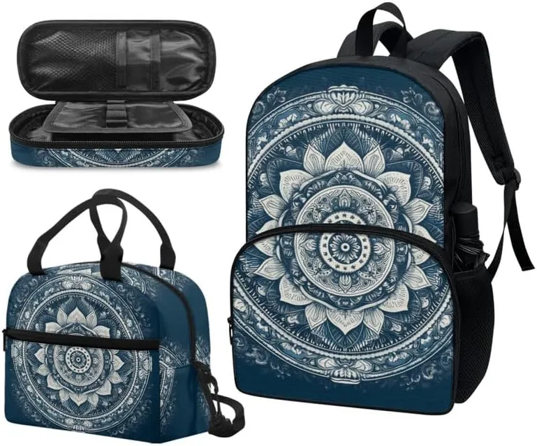 17" Boys Girls Boho Lotus Flower School Daypacks, Bohemia Mandala Flowers Spacious Lunch Box, Modern Arts Double Zipper Pencil Case Boys Girls Gifts