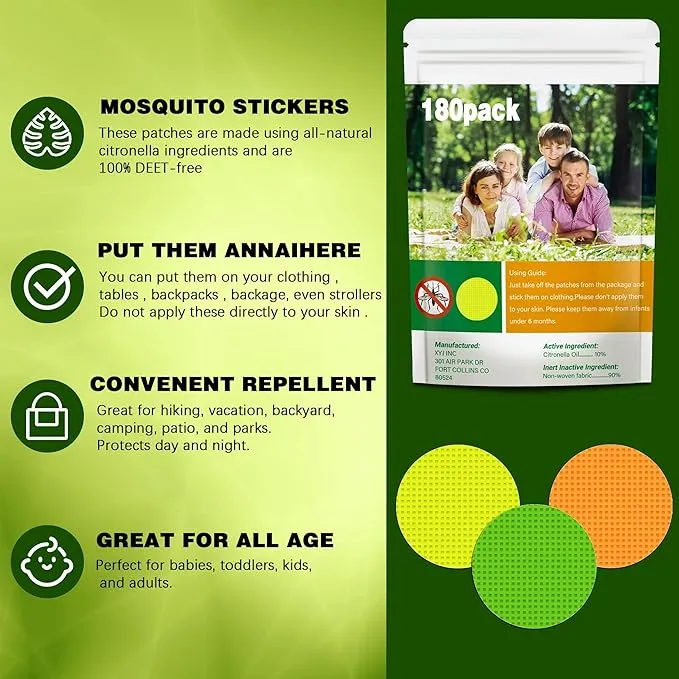180Pack Mosquito Repellent Patches for Kids, Natural DEET Free Citronella Mosquito Stickers for Adult-Colorful