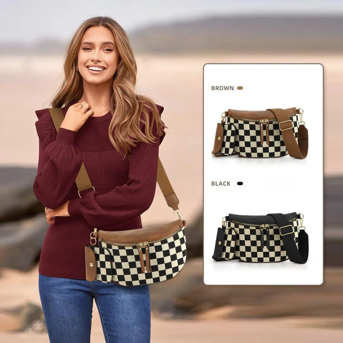 2 Pcs Checkered Crossbody Bags for Women Bum Bag Checkered Cross Body Sling Backpack Hobo Satchels Shoulder Wallet Purses
