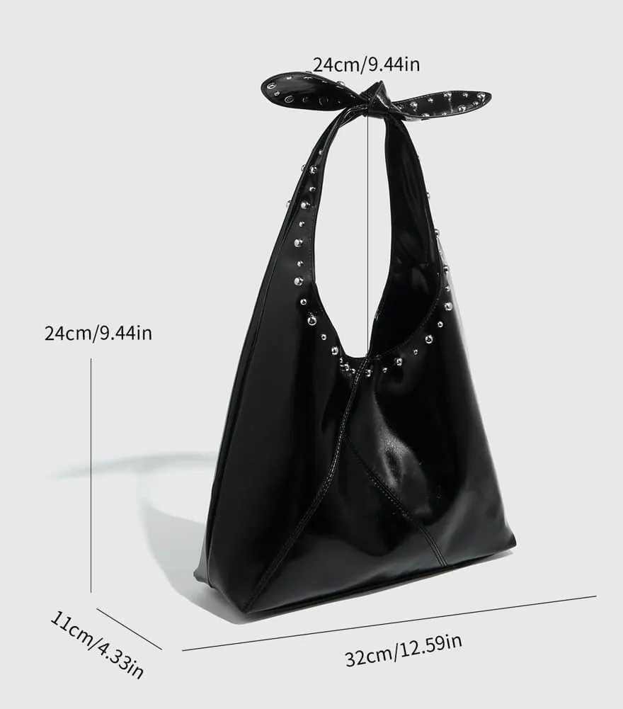 2025 Punk-Chic Tote Bag - Studded Bow Detail Shoulder/Handheld Purse, Edgy Matte Bucket Design for Women. Luxe & Bold