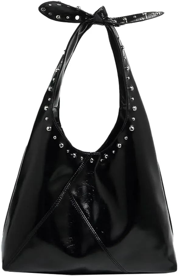 2025 Punk-Chic Tote Bag - Studded Bow Detail Shoulder/Handheld Purse, Edgy Matte Bucket Design for Women. Luxe & Bold