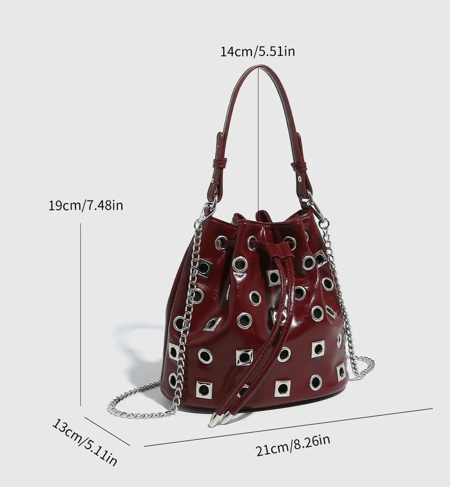 2025 Punk Rock Drawstring Bucket Bag – Studded Hollow-Out Shoulder Purse, Edgy Chain Strap Handheld Tote for Women