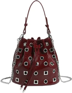 2025 Punk Rock Drawstring Bucket Bag – Studded Hollow-Out Shoulder Purse, Edgy Chain Strap Handheld Tote for Women
