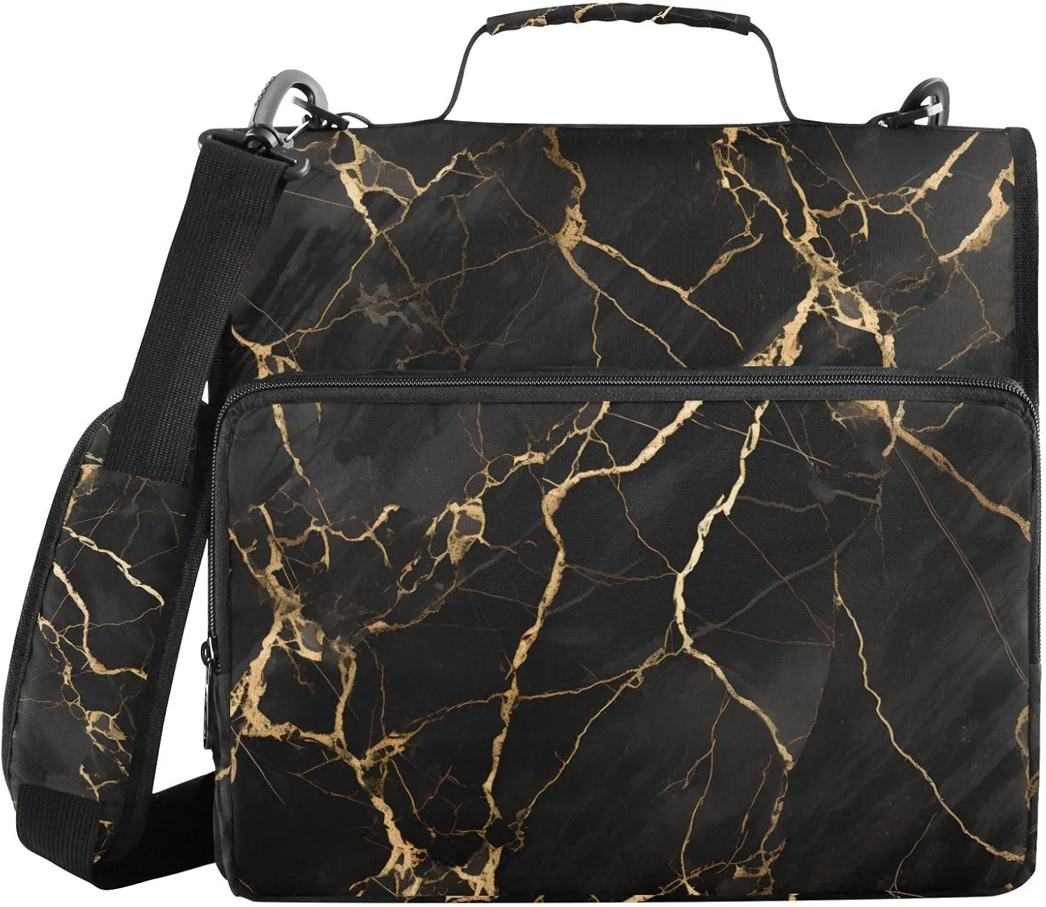 3 Ring Binder Zipper Binders Gold Crack Black Marble Trapper Keeper Expanding File Folder Bag with Shoulder Strap
