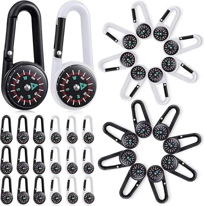 32 Pcs Compass Keychain for Kids Adventure Camping Small Keychain Belt Clips with Holes Compass Metal Buckle Keychain Outdoor Camping Party Favors