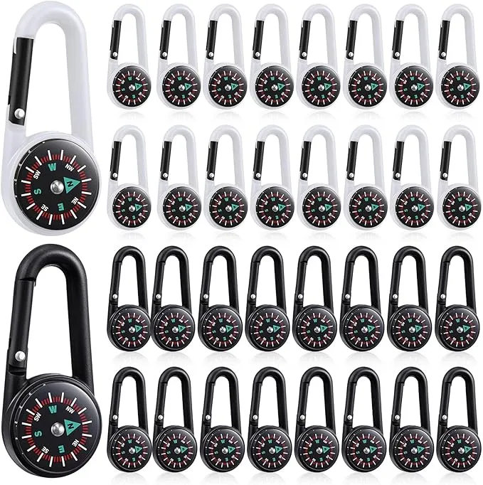 32 Pcs Compass Keychain for Kids Adventure Camping Small Keychain Belt Clips with Holes Compass Metal Buckle Keychain Outdoor Camping Party Favors