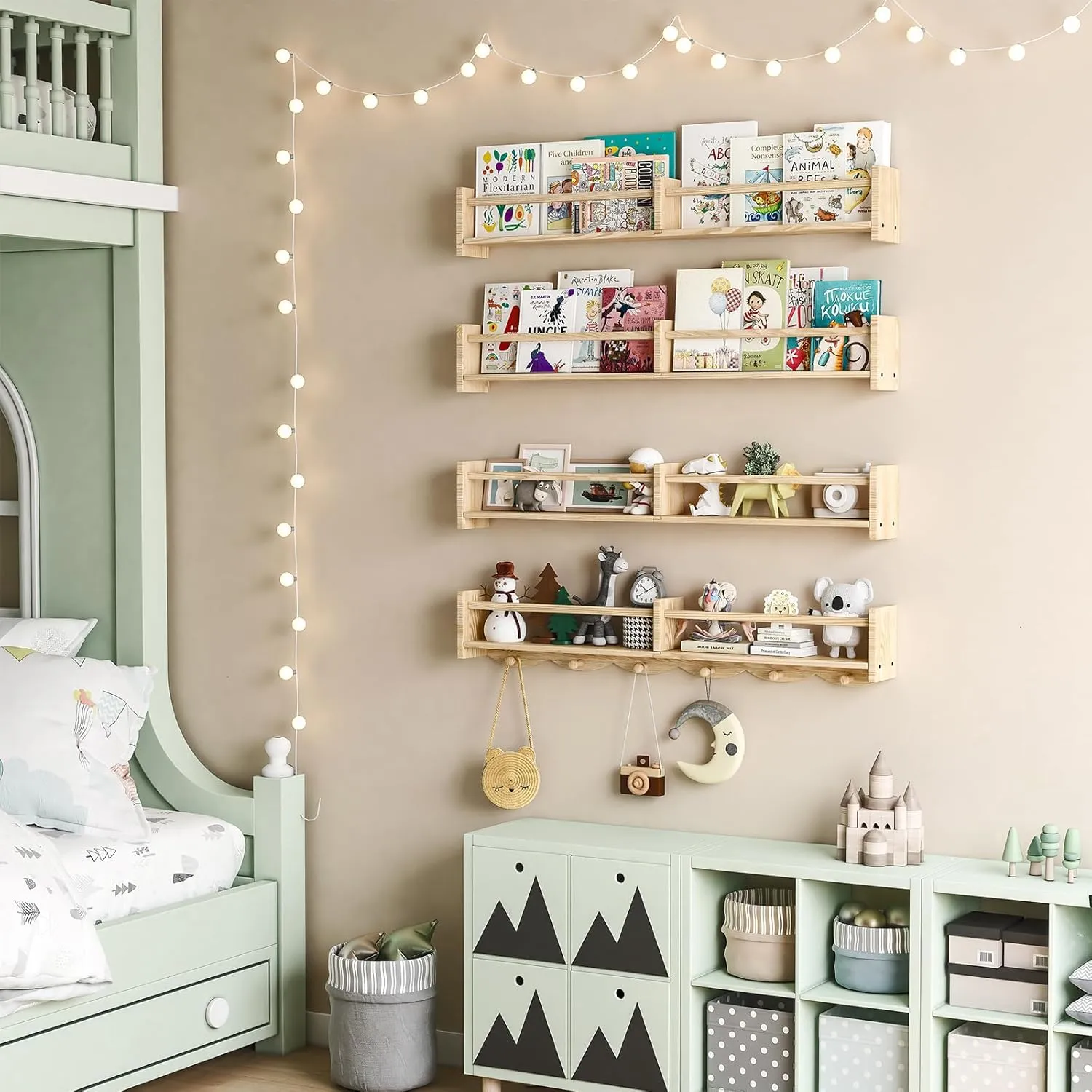 34Inch Nursery Bookshelves,Set of 4,Wall Floating Shelf Kids Coat Rack with 6Hooks,Hanging Book Shelf for Baby Nursery Room Décor， Patent Number: 29958098(Burlywood, 34)