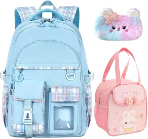 3PCS Kids Backpack Set Cute School Backpack for Girls, Kawaii Teen Laptop Bag Multipocket Daypack Lightweight Schoolbag, Large Capacity Double Shoulder Backpack for Primary Elementary School, Blue