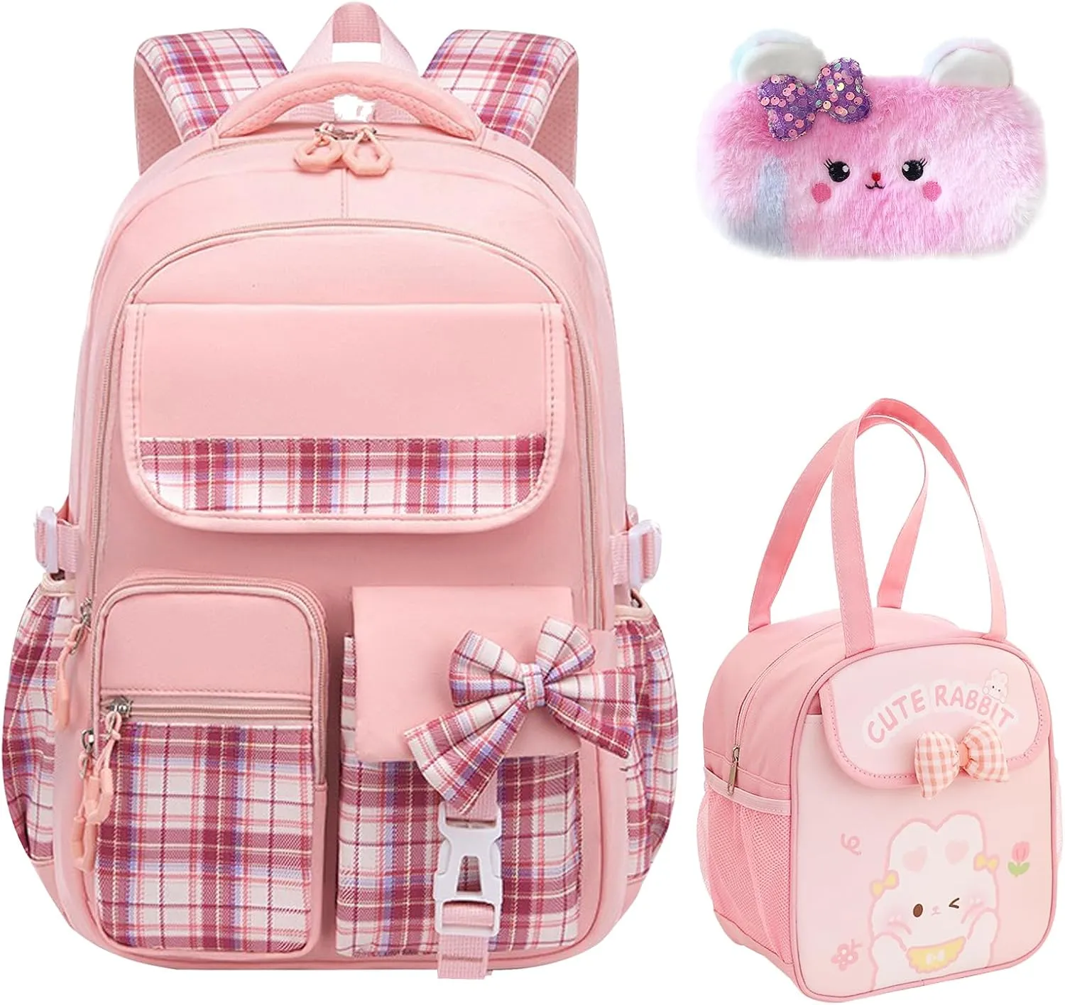 3PCS Kids Backpack Set Cute School Backpack for Girls, Kawaii Teen Laptop Bag Multipocket Daypack Lightweight Schoolbag, Large Capacity Double Shoulder Backpack for Primary Elementary School, Pink