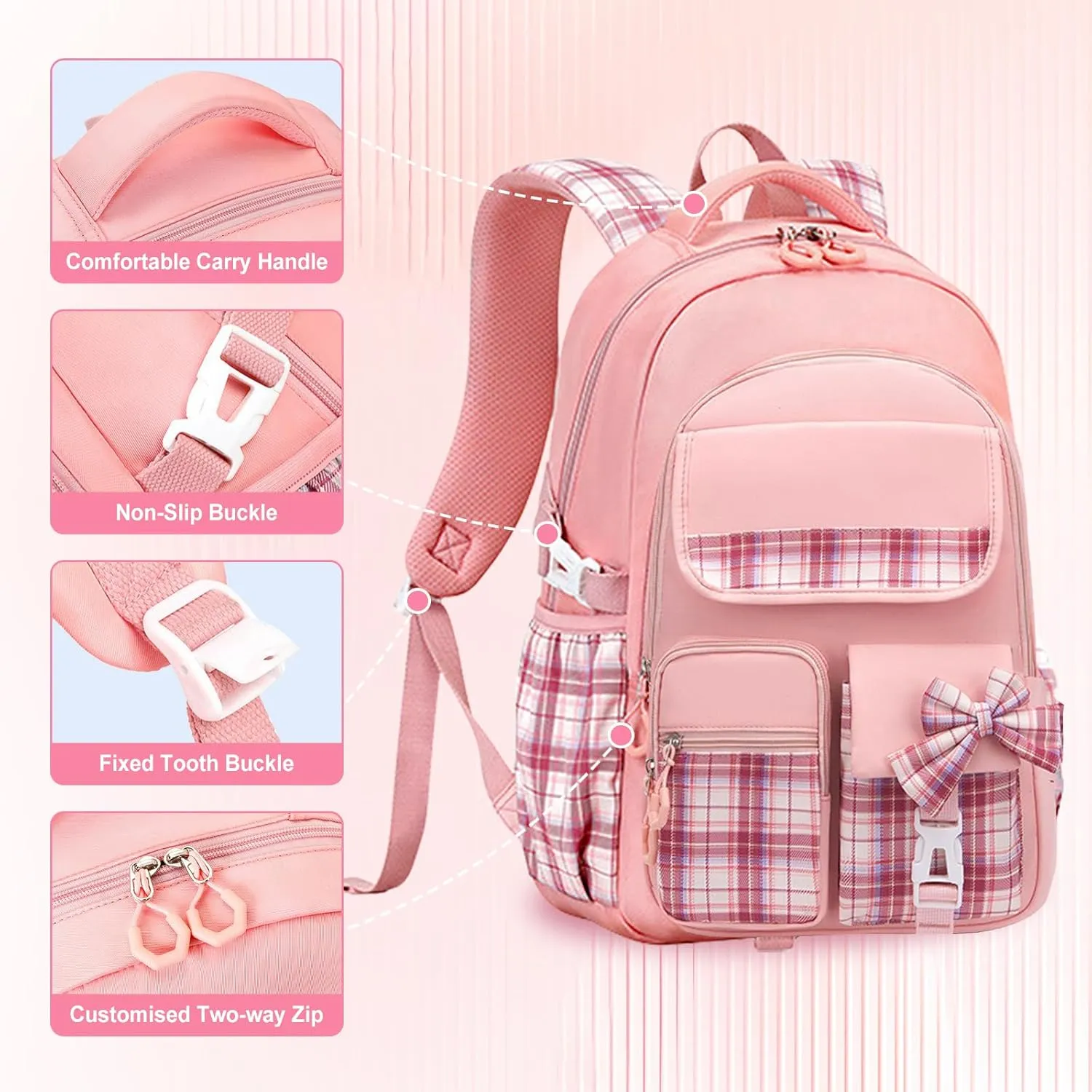 3PCS Kids Backpack Set Cute School Backpack for Girls, Kawaii Teen Laptop Bag Multipocket Daypack Lightweight Schoolbag, Large Capacity Double Shoulder Backpack for Primary Elementary School, Pink