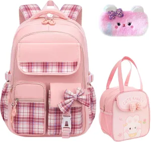 3PCS Kids Backpack Set Cute School Backpack for Girls, Kawaii Teen Laptop Bag Multipocket Daypack Lightweight Schoolbag, Large Capacity Double Shoulder Backpack for Primary Elementary School, Pink