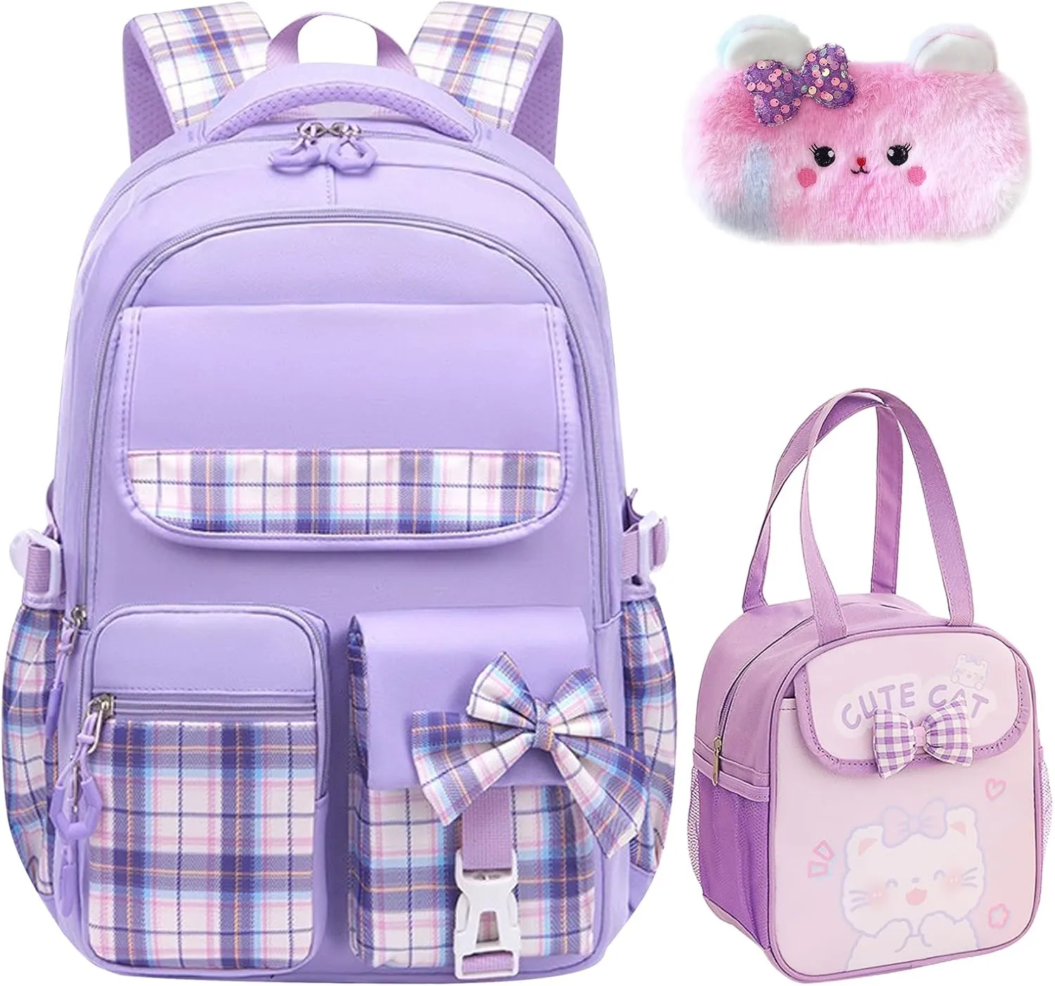 3PCS Kids Backpack Set Cute School Backpack for Girls, Kawaii Teen Laptop Bag Multipocket Daypack Lightweight Schoolbag, Large Capacity Double Shoulder Backpack for Primary Elementary School, Purple