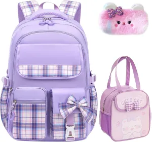 3PCS Kids Backpack Set Cute School Backpack for Girls, Kawaii Teen Laptop Bag Multipocket Daypack Lightweight Schoolbag, Large Capacity Double Shoulder Backpack for Primary Elementary School, Purple