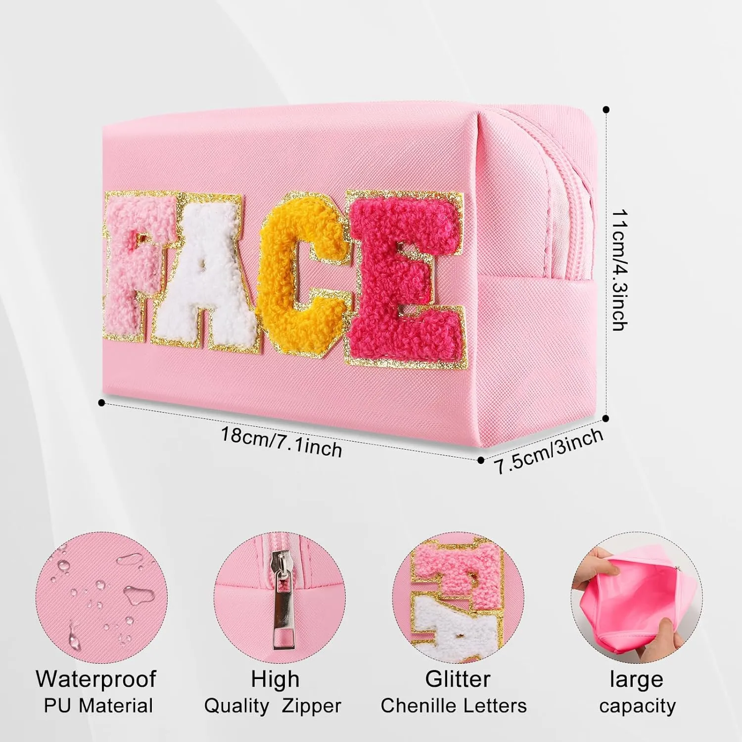 4 Pcs Chenille Letter Preppy Patches Makeup Bag with Zipper PU Leather Waterproof Stoney Clover Makeup Bag Hair Skin Face Stuff Bag for Women, Girls