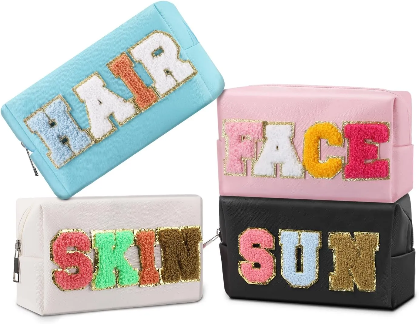 4 Pcs Chenille Letter Preppy Patches Makeup Bag with Zipper PU Leather Waterproof Stoney Clover Makeup Bag Hair Skin Face Stuff Bag for Women, Girls