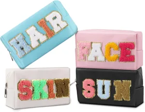 4 Pcs Chenille Letter Preppy Patches Makeup Bag with Zipper PU Leather Waterproof Stoney Clover Makeup Bag Hair Skin Face Stuff Bag for Women, Girls