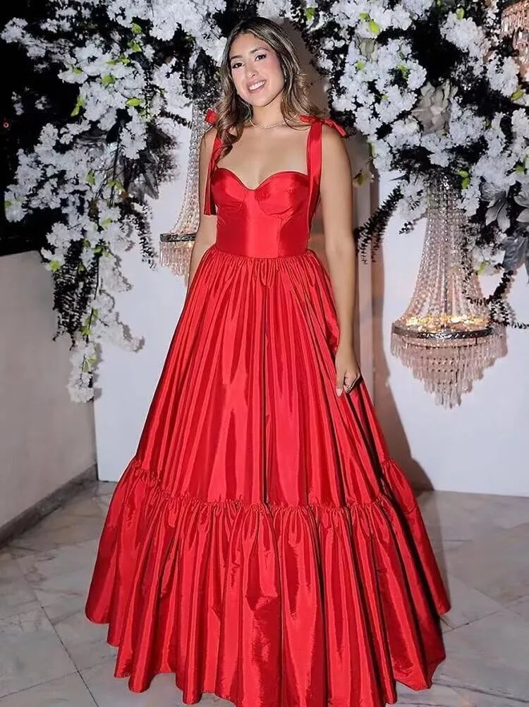 A-line Pleated Satin Spaghetti Prom Dresses for Women, Sweetheart Formal Evening Dress Long Party Dress