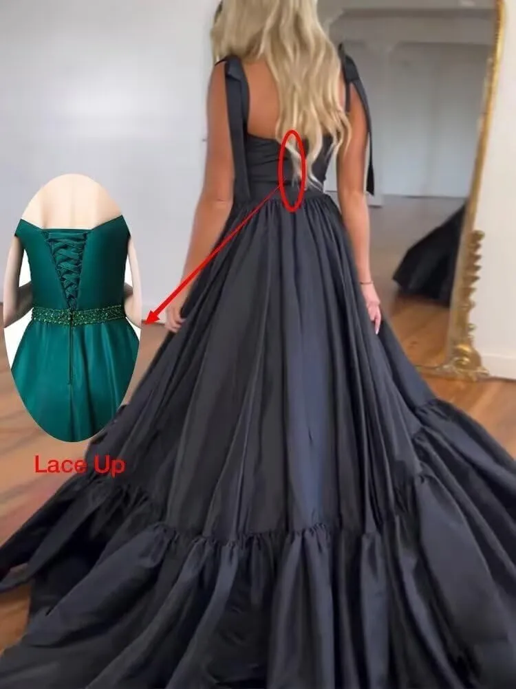 A-line Pleated Satin Spaghetti Prom Dresses for Women, Sweetheart Formal Evening Dress Long Party Dress