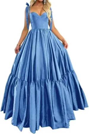 A-line Pleated Satin Spaghetti Prom Dresses for Women, Sweetheart Formal Evening Dress Long Party Dress