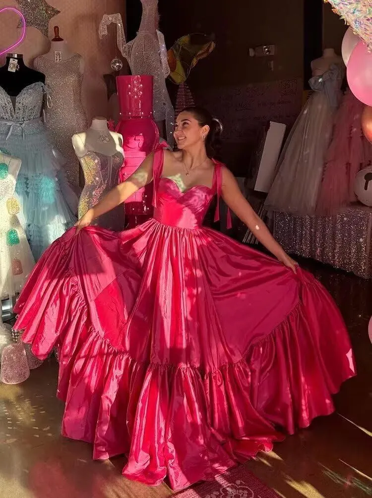 A-line Pleated Satin Spaghetti Prom Dresses for Women, Sweetheart Formal Evening Dress Long Party Dress