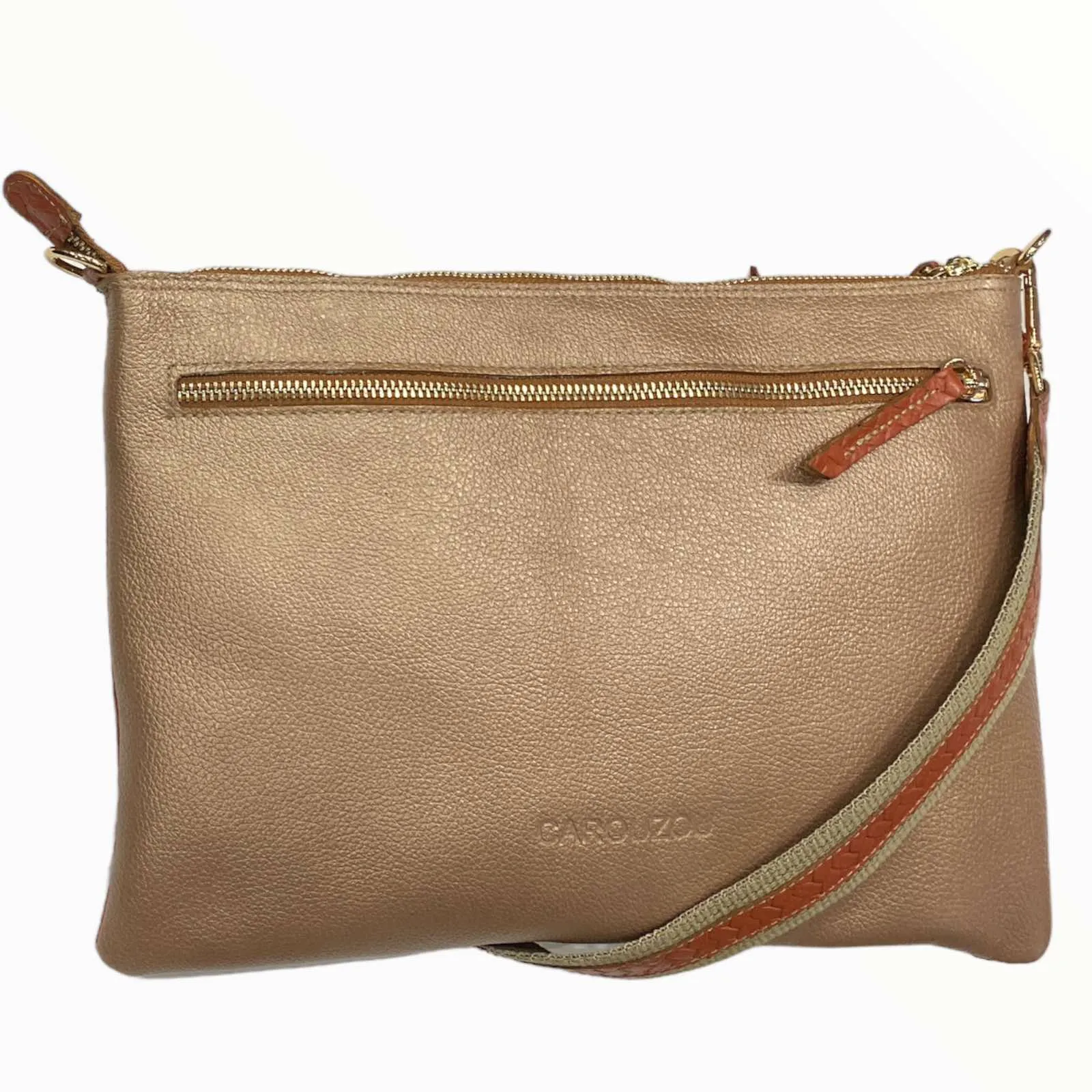 A4 coral woven-print and rose gold leather clutch and messenger