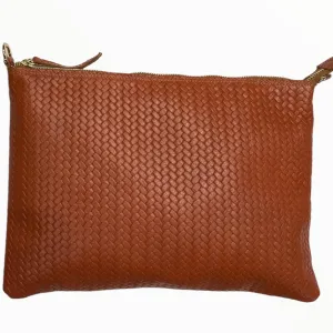 A4 coral woven-print and rose gold leather clutch and messenger
