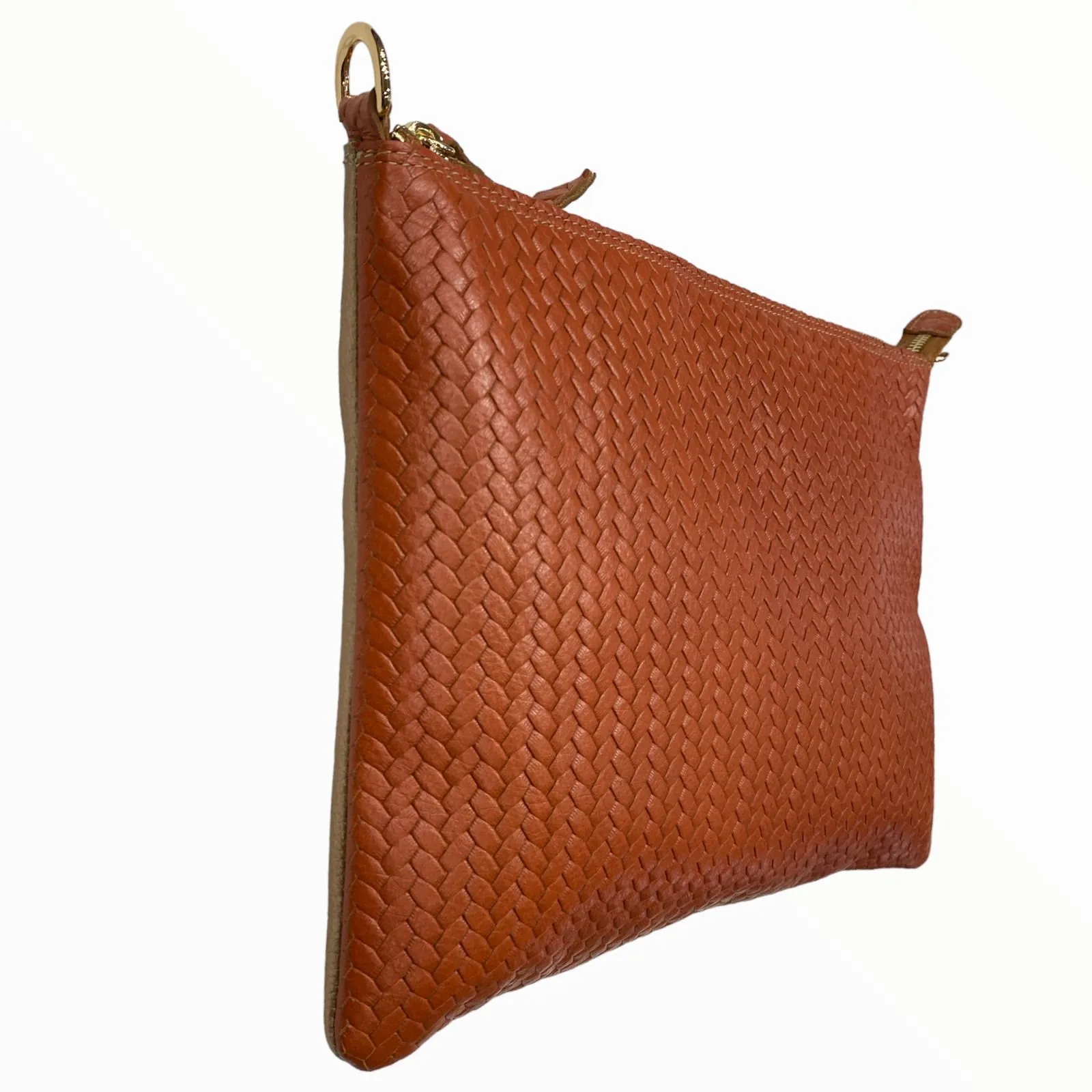 A4 coral woven-print and rose gold leather clutch and messenger