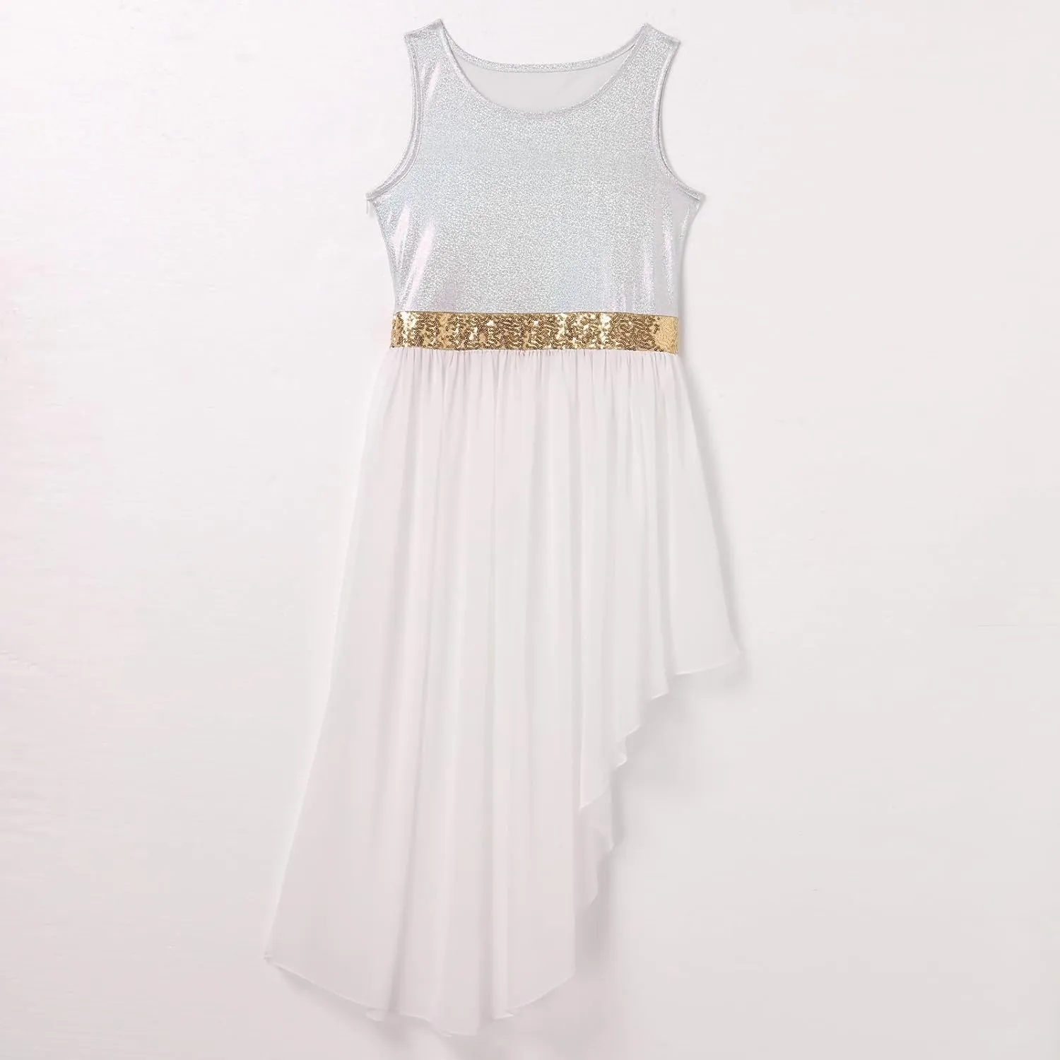 AFAVOM Women Metallic Sequin Praise Dance Dress Asymmetric Ruffle Overlay Dress Liturgical Lyrical Dancewear Worship Costume