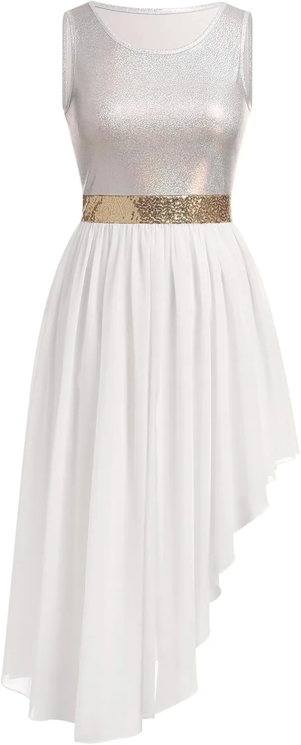 AFAVOM Women Metallic Sequin Praise Dance Dress Asymmetric Ruffle Overlay Dress Liturgical Lyrical Dancewear Worship Costume