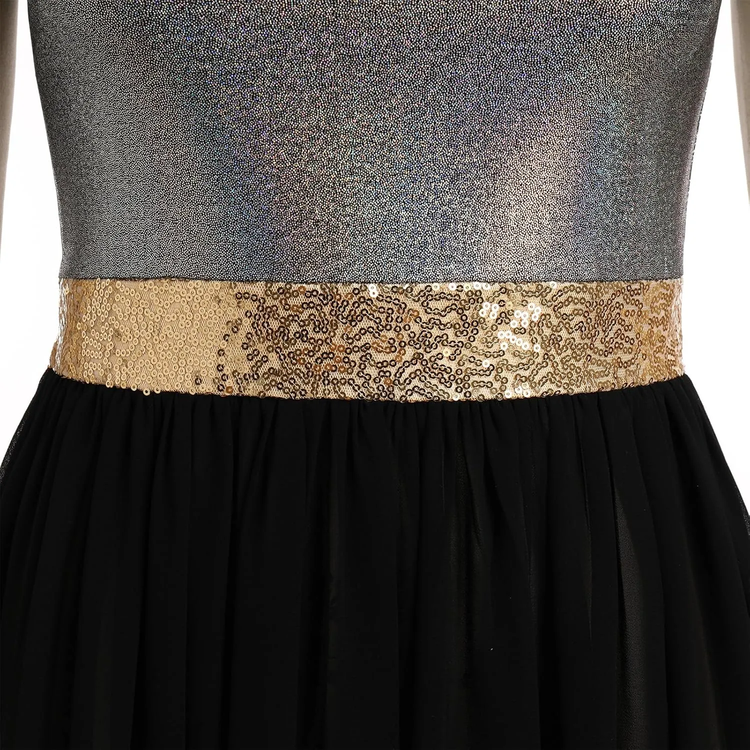 AFAVOM Women Metallic Sequin Praise Dance Dress Asymmetric Ruffle Overlay Dress Liturgical Lyrical Dancewear Worship Costume