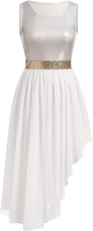 AFAVOM Women Metallic Sequin Praise Dance Dress Asymmetric Ruffle Overlay Dress Liturgical Lyrical Dancewear Worship Costume