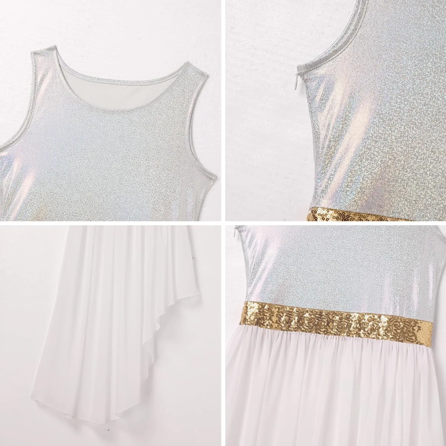 AFAVOM Women Metallic Sequin Praise Dance Dress Asymmetric Ruffle Overlay Dress Liturgical Lyrical Dancewear Worship Costume