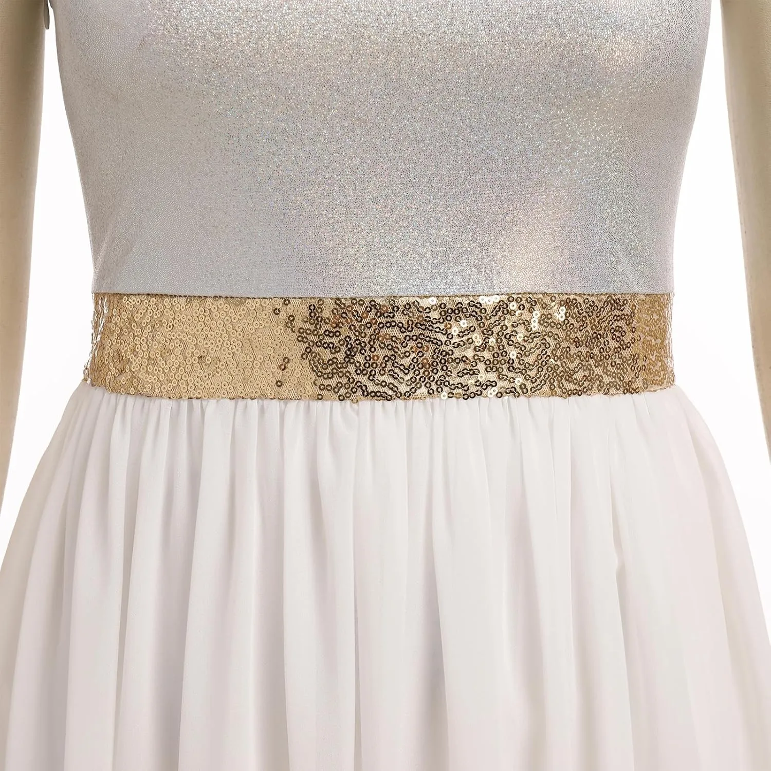 AFAVOM Women Metallic Sequin Praise Dance Dress Asymmetric Ruffle Overlay Dress Liturgical Lyrical Dancewear Worship Costume