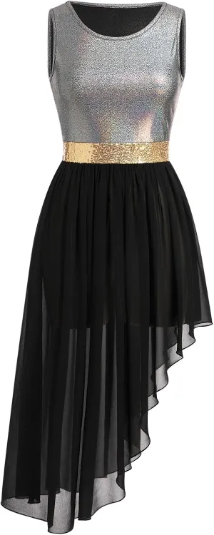 AFAVOM Women Metallic Sequin Praise Dance Dress Asymmetric Ruffle Overlay Dress Liturgical Lyrical Dancewear Worship Costume