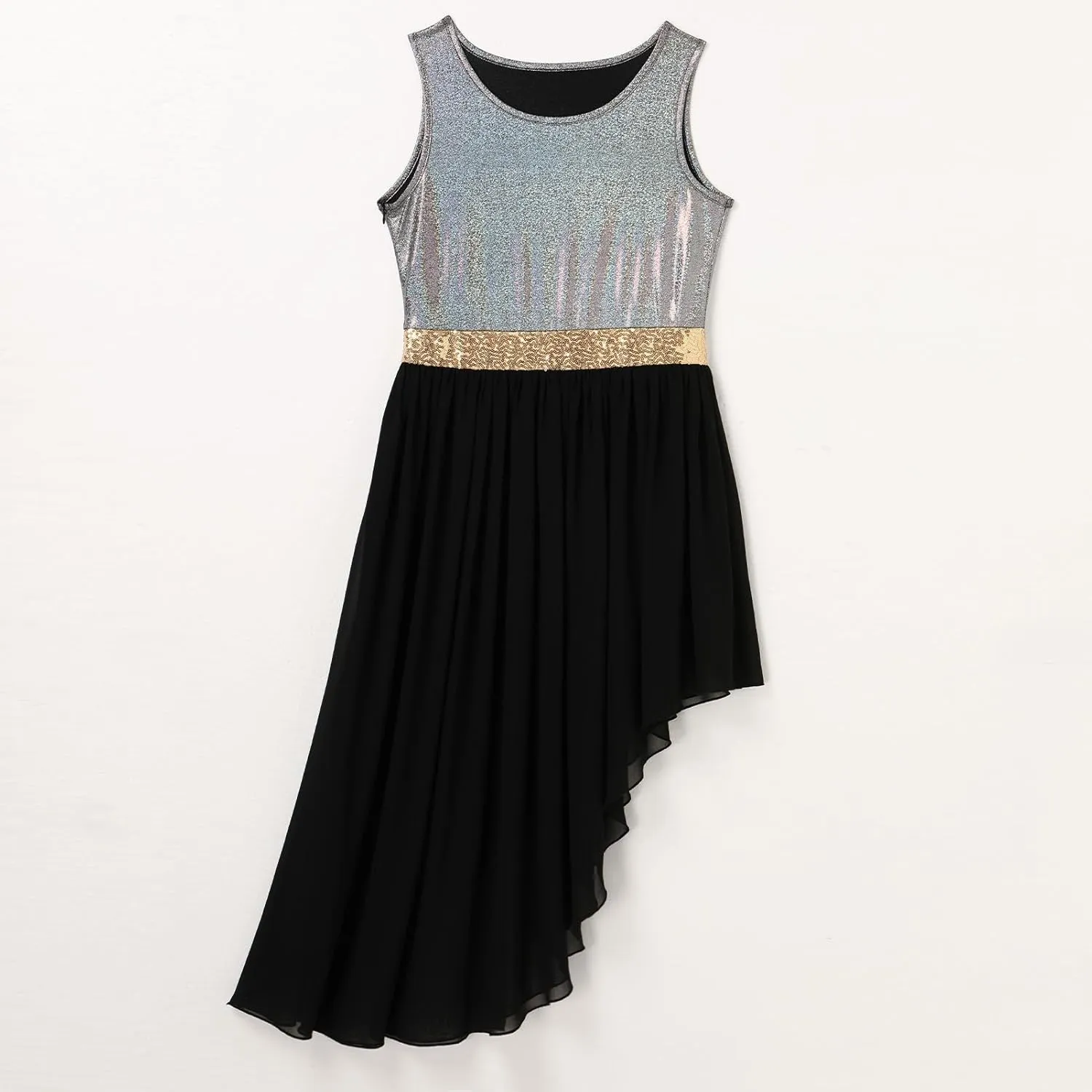 AFAVOM Women Metallic Sequin Praise Dance Dress Asymmetric Ruffle Overlay Dress Liturgical Lyrical Dancewear Worship Costume