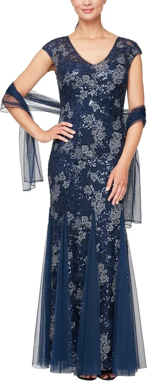 Alex Evenings Women's Long Fit and Flare Mother of The Bride Dress with Godet Detail (Petite and Regular Sizes)