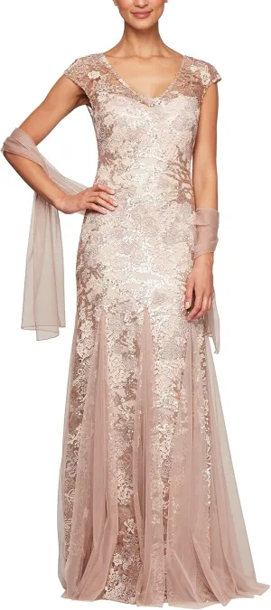 Alex Evenings Women's Long Fit and Flare Mother of The Bride Dress with Godet Detail (Petite and Regular Sizes)