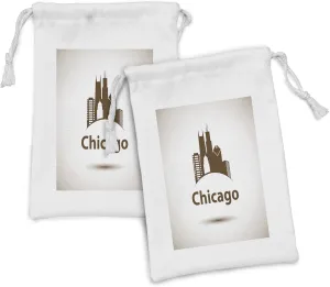 Ambesonne Chicago Skyline Fabric Pouch Set of 2, USA City Old Fashioned Urban in Earth Toned Retro Poster Design, Small Drawstring Bag for Toiletries Masks and Favors, 9" x 6", Eggshell Chocolate