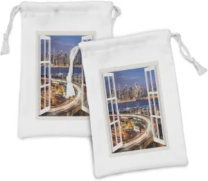 Ambesonne City Night Fabric Pouch Set of 2, Open Window Scene Urban Night Scene with Skyscrapers River and Roads Print, Small Drawstring Bag for Toiletries Masks and Favors, 9" x 6", Multicolor