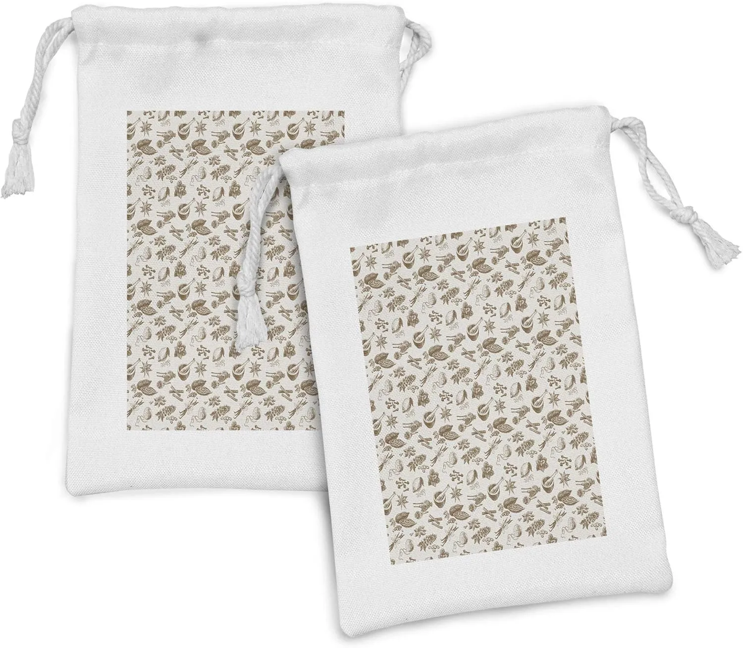 Ambesonne Cocoa Fabric Pouch Set of 2, Herbal Treatment with Anise Star Clove Flower Heads Taste Gourmet Taste Vintage, Small Drawstring Bag for Toiletries Masks and Favors, 9" x 6", Brown Eggshell