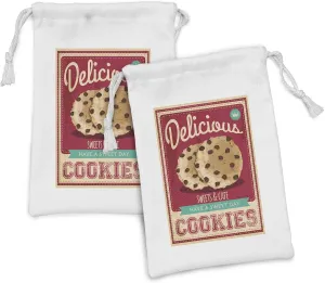 Ambesonne Cookie Fabric Pouch Set of 2, Chocolate Chip Advertisement Doughy Have a Day Lettering Delicious Vintage, Small Drawstring Bag for Toiletries Masks and Favors, 9" x 6", Multicolor
