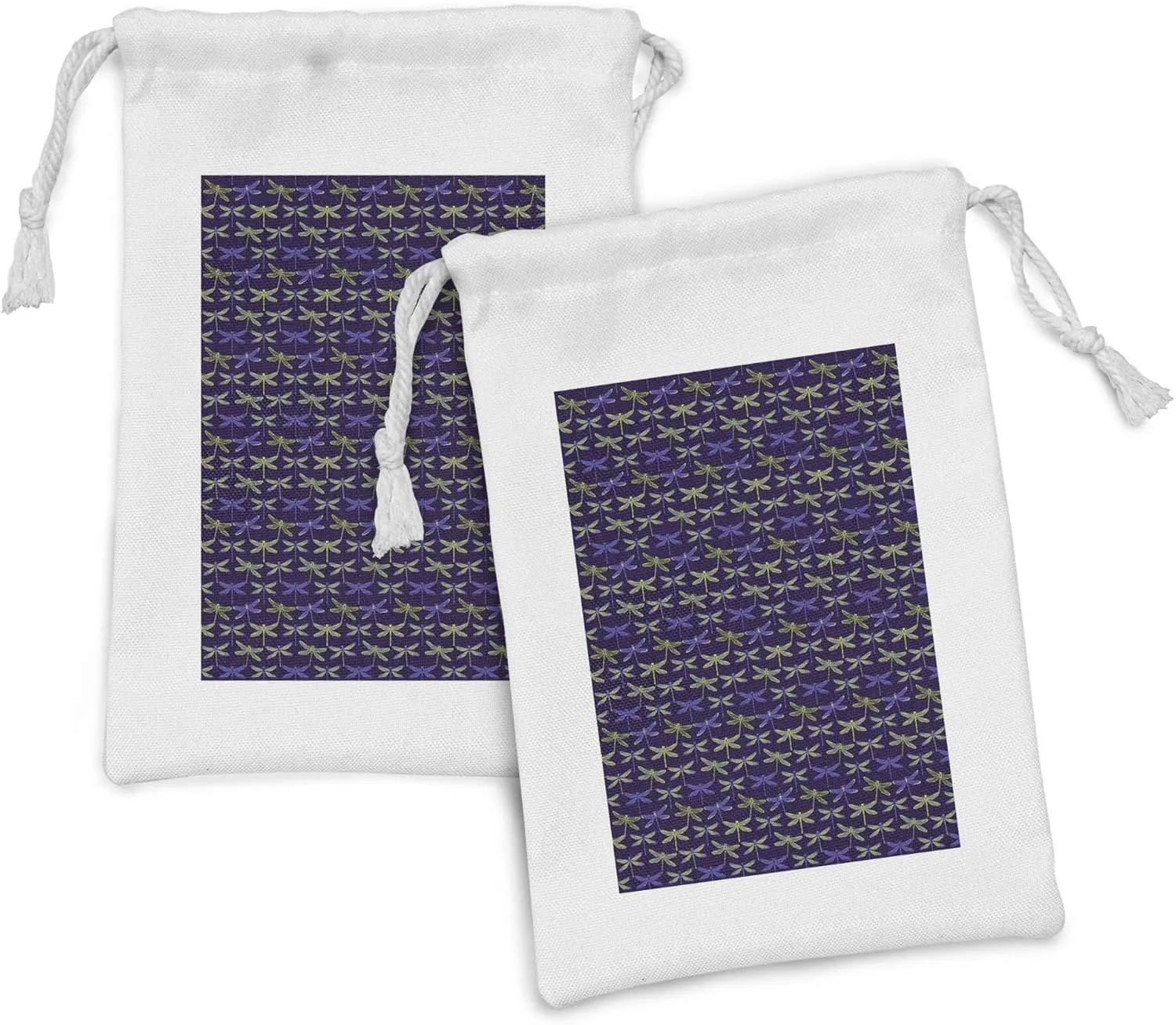 Ambesonne Dragonfly Fabric Pouch Set of 2, Hand Drawn Winged Bugs Repeated Pattern Modern Design Contrast, Small Drawstring Bag for Toiletries Masks and Favors, 9" x 6", Quartz Blue Violet and Green