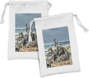 Ambesonne Driftwood Fabric Pouch Set of 2, Raft of Driftwood on the Shoreline with Seagulls Wavy Seand the Sky Digital Image, Small Drawstring Bag for Toiletries Masks and Favors, 9" x 6", Blue