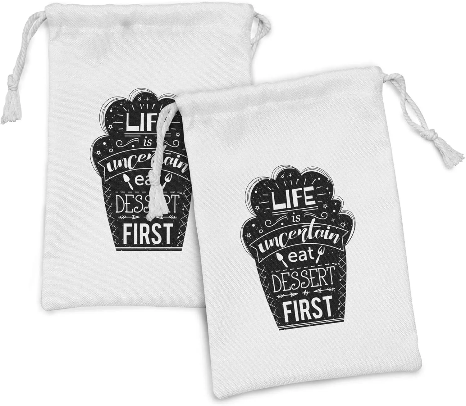 Ambesonne Eat Dessert First Fabric Pouch Set of 2, Life is Uncertain Happy Food Themed Typography on Abstract Cake, Small Drawstring Bag for Toiletries Masks and Favors, 9" x 6", Charcoal Grey White