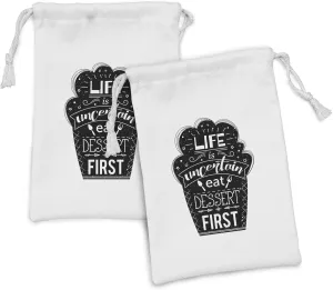 Ambesonne Eat Dessert First Fabric Pouch Set of 2, Life is Uncertain Happy Food Themed Typography on Abstract Cake, Small Drawstring Bag for Toiletries Masks and Favors, 9" x 6", Charcoal Grey White