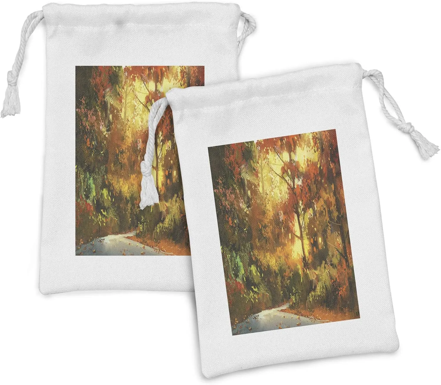 Ambesonne Fantasy Fabric Pouch Set of 2, Abstract Pathway in Autumn Forest with Shady Leaf of Deciduous Trees View Art, Small Drawstring Bag for Toiletries Masks and Favors, 9" x 6", Orange Yellow