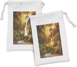 Ambesonne Fantasy Fabric Pouch Set of 2, Abstract Pathway in Autumn Forest with Shady Leaf of Deciduous Trees View Art, Small Drawstring Bag for Toiletries Masks and Favors, 9" x 6", Orange Yellow