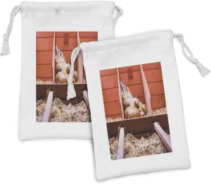 Ambesonne Farm Animal Fabric Pouch Set of 2, Husbandry Photo with Laying Hen Incubating Inside Cage and Eggs, Small Drawstring Bag for Toiletries Masks and Favors, 9" x 6", Multicolor